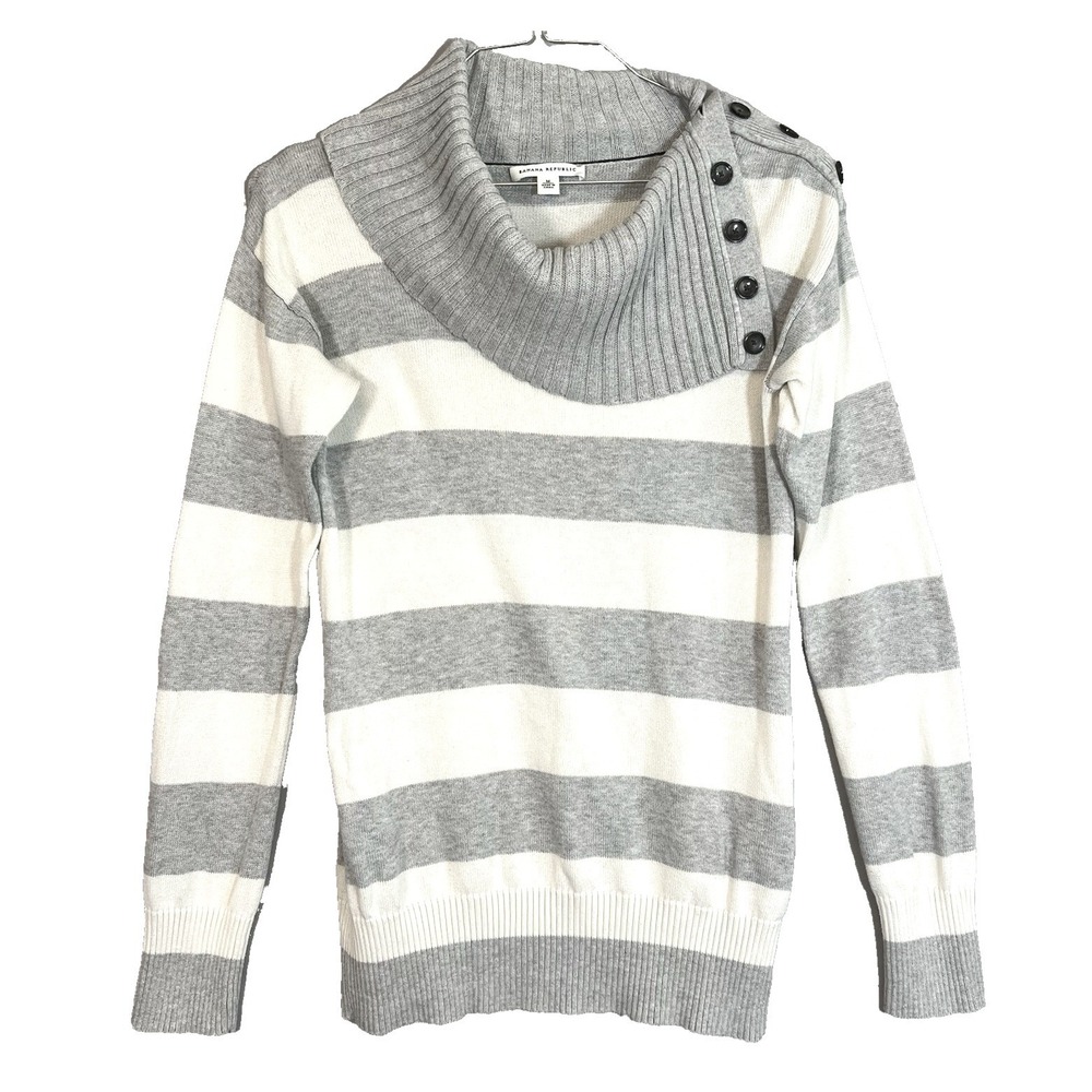 Banana Republic Womens Sweater Grey Stripe Cowl Neck Button Shoulder Cotton M